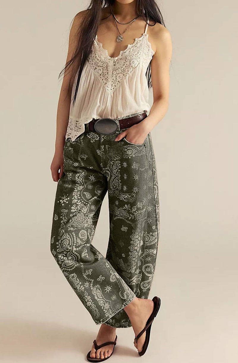 loveimgs Women Boyfriend Baggy Barrel Jeans Floral Print Denim Ankle Pants Wide Leg Mid Rise Jeans Sweatpants Y2k Patchwork (Small,Green) - Image 2