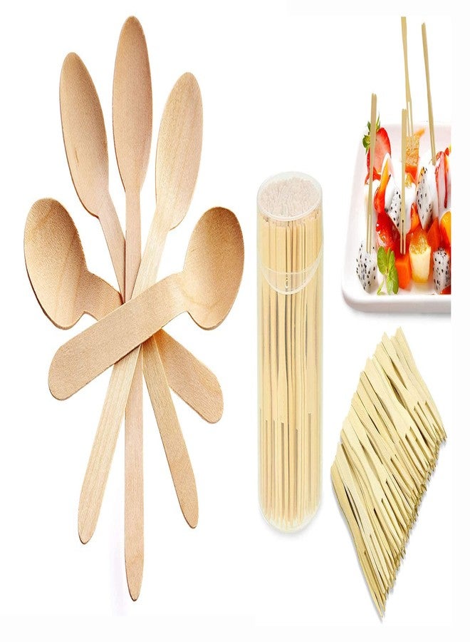 KLEAM MOOLYAVAAN Products (2 in 1) Disposable Wooden Spoon -Biodegradable, Wooden Utensils with Mini Food Picks Double Prong Fruit Forks Great for Parties, Weddings (30pcs Wooden Spoon + 30pcs Fruit Fork) - Image 1