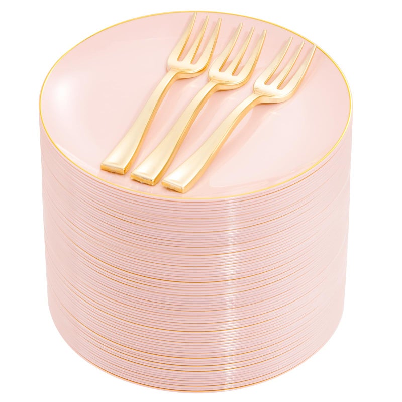 Festiva 200Pcs Pink Gold Cake Plates 6.3" with Forks 5"- Disposable Salad Plates-Pink Dessert Plates-Appetizer Plastic Plates - include 100Plates 100Forks for Party&Wedding&Easter&Mother's Day - Image 1