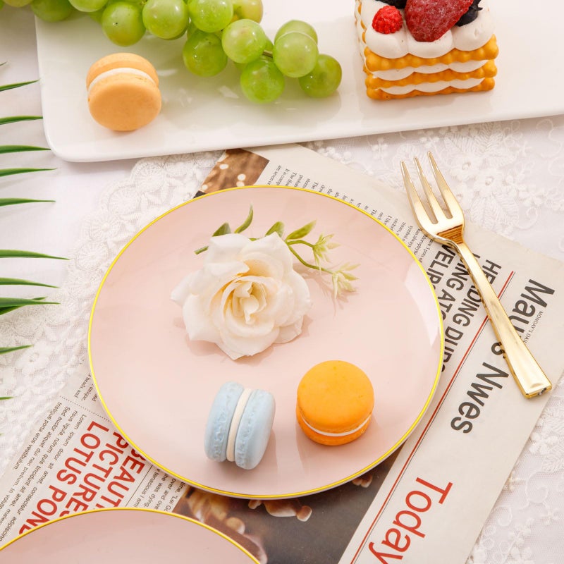 Festiva 200Pcs Pink Gold Cake Plates 6.3" with Forks 5"- Disposable Salad Plates-Pink Dessert Plates-Appetizer Plastic Plates - include 100Plates 100Forks for Party&Wedding&Easter&Mother's Day - Image 4
