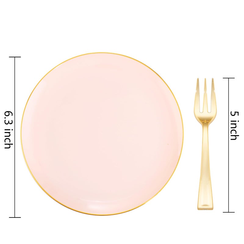 Festiva 200Pcs Pink Gold Cake Plates 6.3" with Forks 5"- Disposable Salad Plates-Pink Dessert Plates-Appetizer Plastic Plates - include 100Plates 100Forks for Party&Wedding&Easter&Mother's Day - Image 2