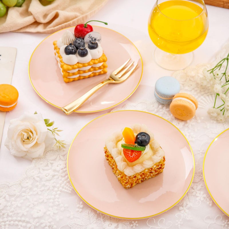 Festiva 200Pcs Pink Gold Cake Plates 6.3" with Forks 5"- Disposable Salad Plates-Pink Dessert Plates-Appetizer Plastic Plates - include 100Plates 100Forks for Party&Wedding&Easter&Mother's Day - Image 3