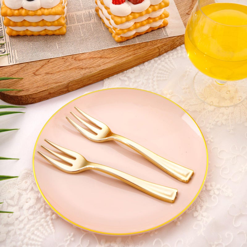 Festiva 200Pcs Pink Gold Cake Plates 6.3" with Forks 5"- Disposable Salad Plates-Pink Dessert Plates-Appetizer Plastic Plates - include 100Plates 100Forks for Party&Wedding&Easter&Mother's Day - Image 5