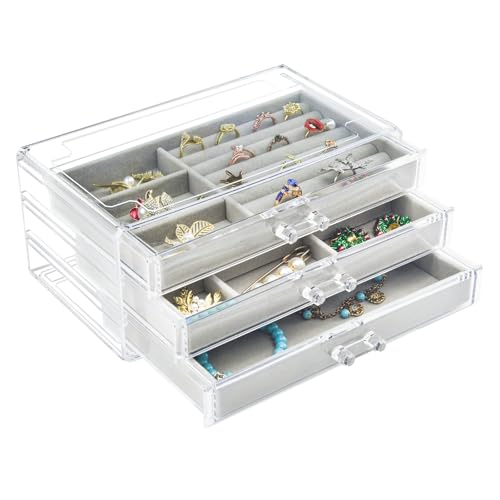 Weiai Acrylic Jewelry Box 3 Drawers, Velvet Jewellery Organizer, Earring Rings Necklaces Bracelets Display Case Gift for Women, Girls - Image 1