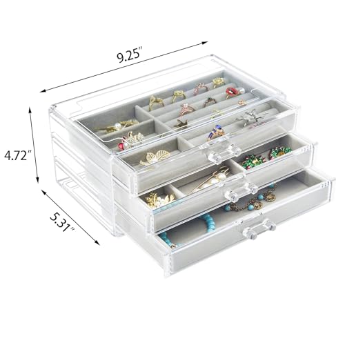 Weiai Acrylic Jewelry Box 3 Drawers, Velvet Jewellery Organizer, Earring Rings Necklaces Bracelets Display Case Gift for Women, Girls - Image 3