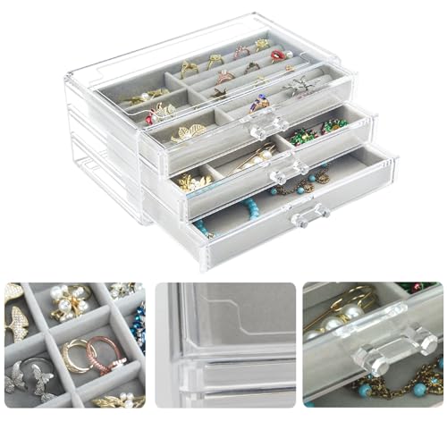 Weiai Acrylic Jewelry Box 3 Drawers, Velvet Jewellery Organizer, Earring Rings Necklaces Bracelets Display Case Gift for Women, Girls - Image 4