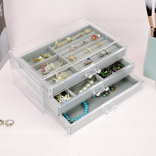 Weiai Acrylic Jewelry Box 3 Drawers, Velvet Jewellery Organizer, Earring Rings Necklaces Bracelets Display Case Gift for Women, Girls - Image 2