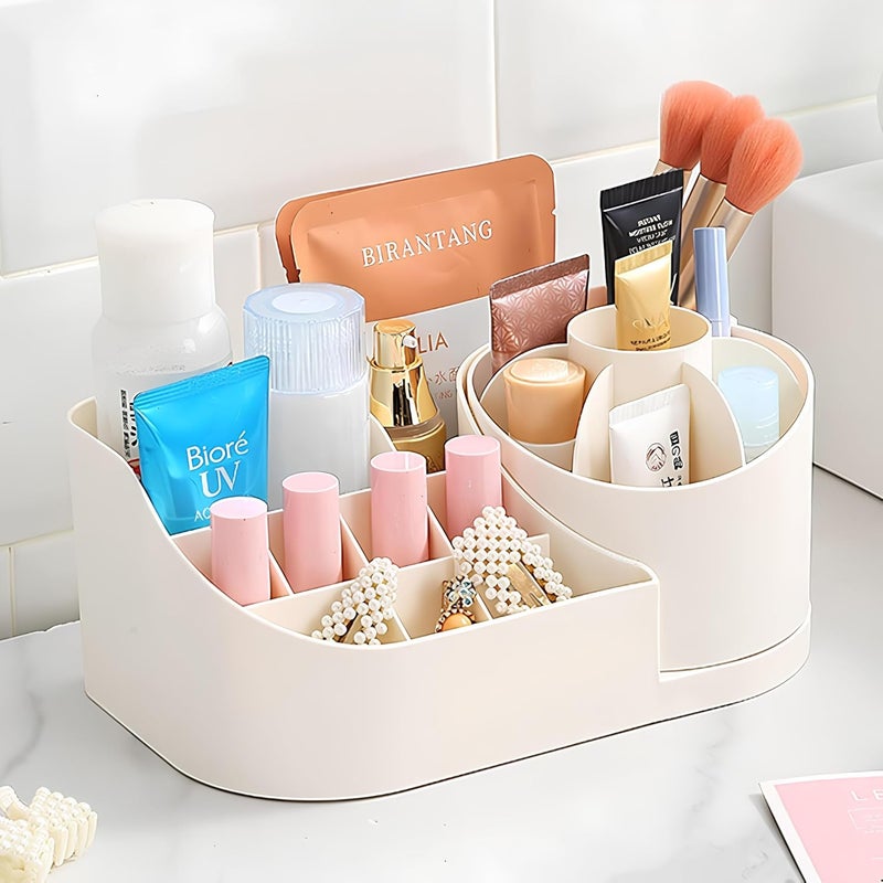 Nibbler Makeup Organiser Cosmetic Makeup Lipstick Storage Box with Drawer Plastic Case Holder Skin Care Products for Dressing Table 360 RotationCream Cream - Image 1