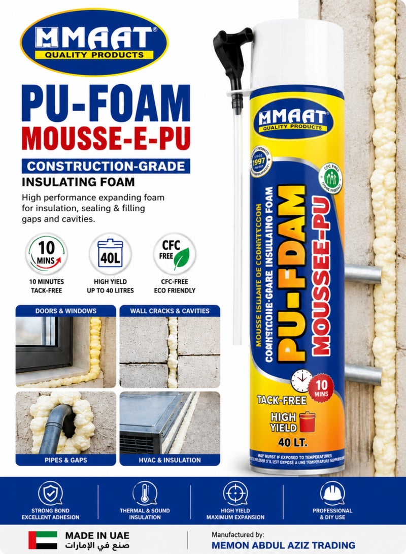 MAAT PU Foam Mousse-E-PU Construction Grade Insulating Foam, 2 Pieces, High Yield 40L Each, Fast Curing 10 Minutes, Strong Adhesion, Thermal & Sound Insulation Foam for Doors, Windows, Wall Cracks, Pipes & Gaps - Image 3