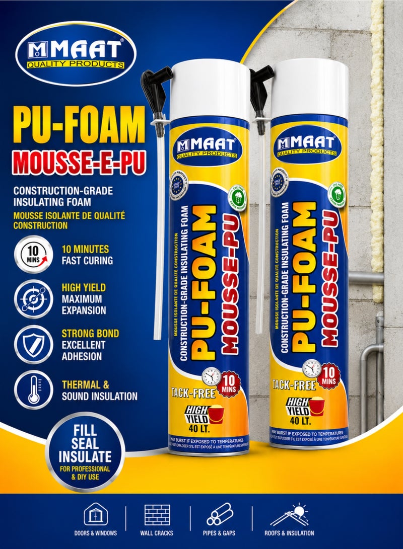 MAAT PU Foam Mousse-E-PU Construction Grade Insulating Foam, 2 Pieces, High Yield 40L Each, Fast Curing 10 Minutes, Strong Adhesion, Thermal & Sound Insulation Foam for Doors, Windows, Wall Cracks, Pipes & Gaps - Image 1