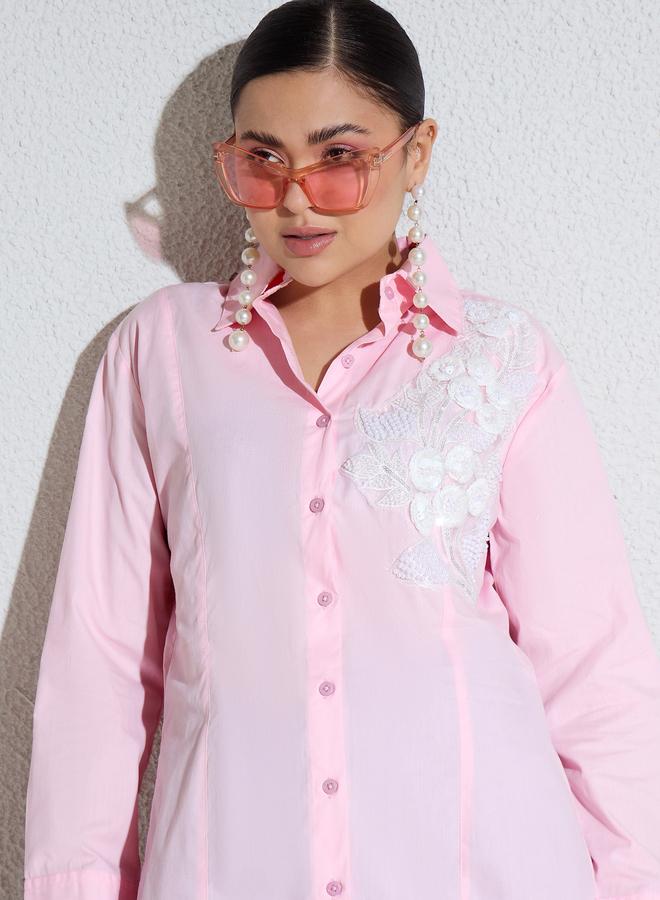 SASSAFRAS Pink Embellished Lace Patch Slim Fit Shirt - Image 3
