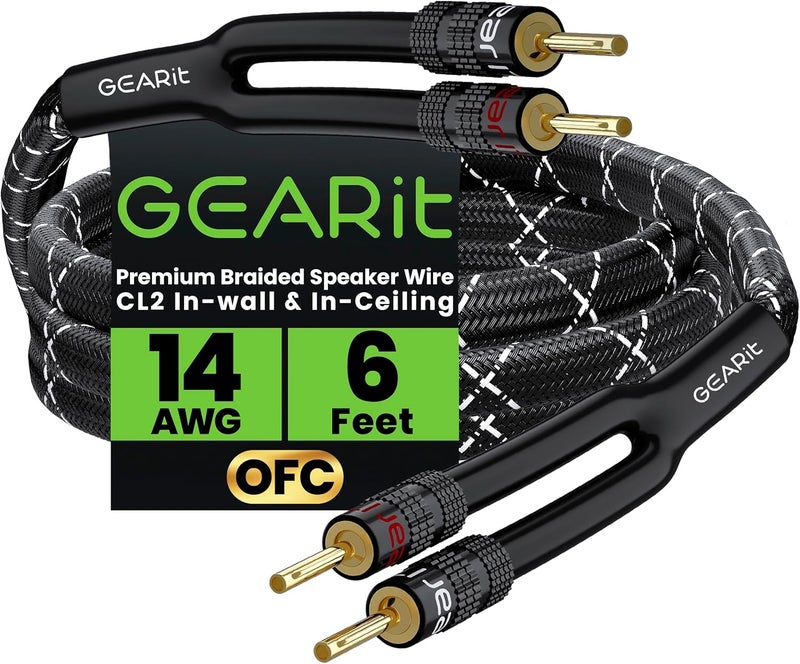 GearIT Hi-Fi 2x2.5mm≤ Speaker Wire with Banana Plugs (1.821 Meters - Black) OFC Oxygen-Free Copper, CL2 In-Wall Speaker Cable, Heavy-Duty Braided - 14 Gauge AWG, 3 Feet - Image 1