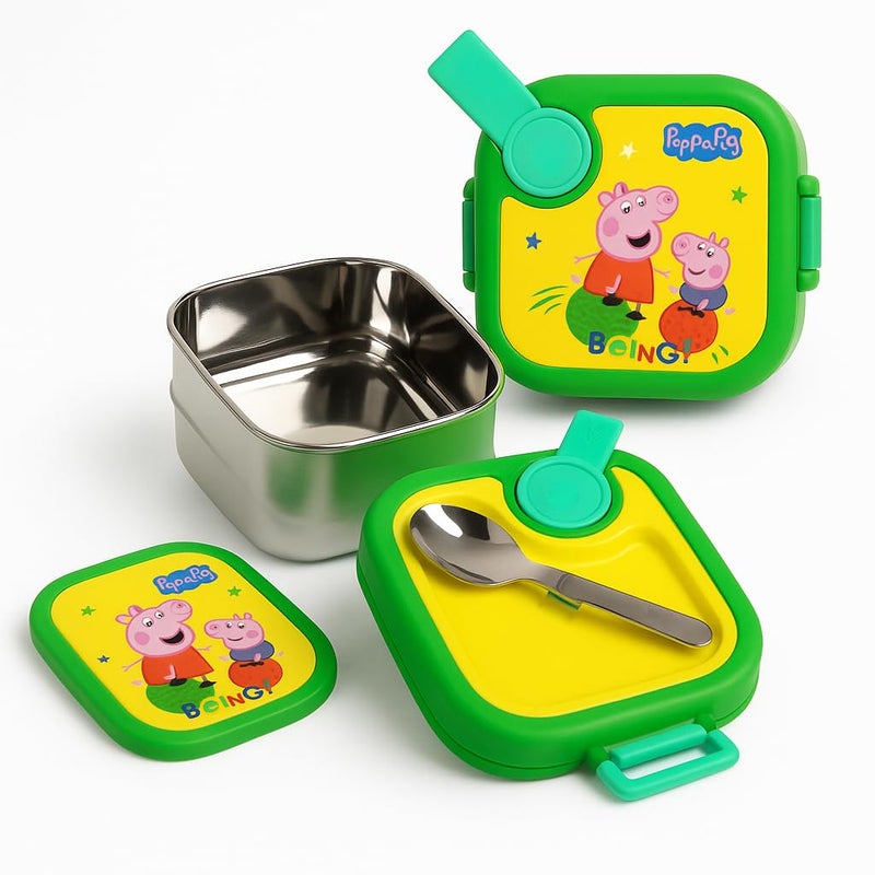 Rabitat Peppa Pig LUNCHMATE Mini Stainless Steel Lunch Box Hop On 500 ml - 2 Years Brand Warranty | Tiffin Box for Kids | Steel Lunch Box for School Girls and Boys - Image 1