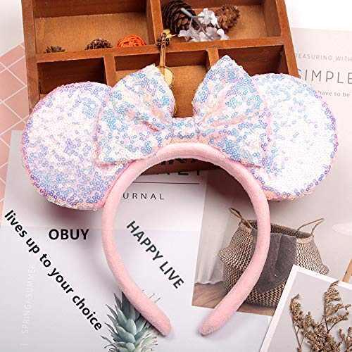 OBUY Soft Flannel Pink Mouse Ears Bow Headbands Glitter Princess Party Decoration Adult Mouse Ears,Sparkly Mouse Ears Mermaid Mouse Ears Headband for Girls Cosplay Costume for Girls & Women - Image 2