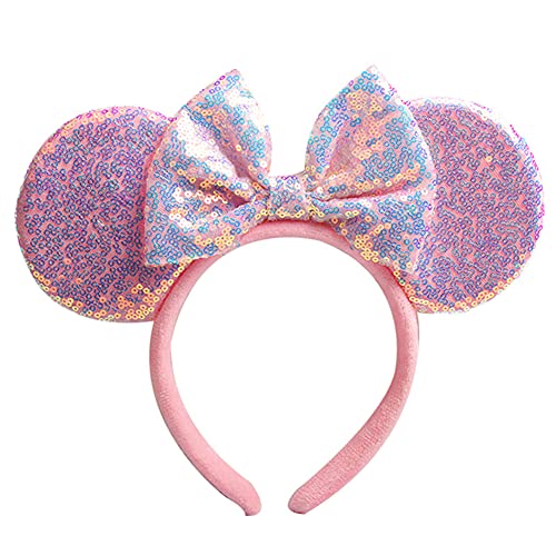 OBUY Soft Flannel Pink Mouse Ears Bow Headbands Glitter Princess Party Decoration Adult Mouse Ears,Sparkly Mouse Ears Mermaid Mouse Ears Headband for Girls Cosplay Costume for Girls & Women - Image 1