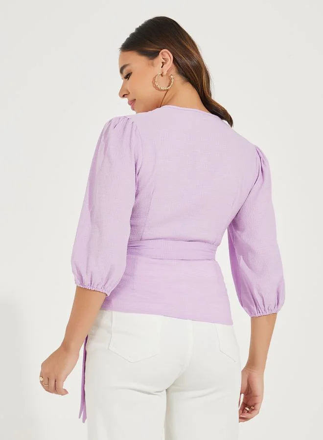 Styli Textured Wrap Top with Balloon Sleeve & Tie Detail