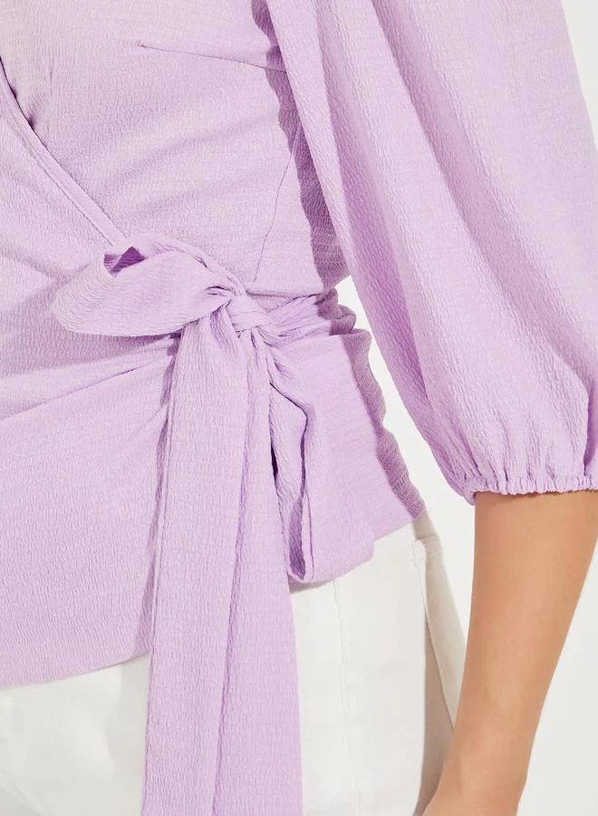 Styli Textured Wrap Top with Balloon Sleeve & Tie Detail