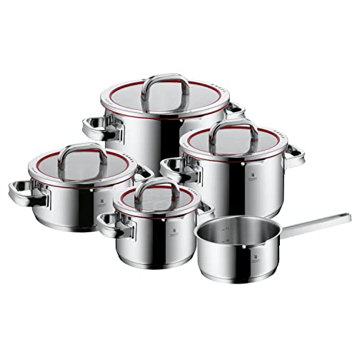 WMF Function 4 5-Piece Induction Saucepan Set, Glass Lid with 4 Pouring Functions, Polished Cromargan Stainless Steel, Induction Pots Set, Inner Scale - Image 1