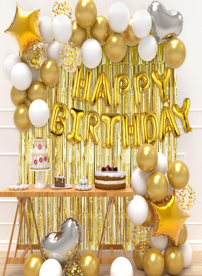 JOYYPOP Birthday Party Decorations Happy Birthday Balloons Banner with Gold and White Balloons Set, Gold Foil Fringe Curtain for Men Women Boy Adults Birthday Party (Gold）