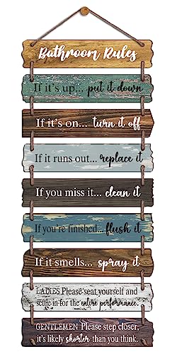 EXQUIDECA Collage Bathroom Rules Wall Hanging Sign with Jute 9pcs Wooden Decor Wall Art Plaque for Toilet Restroom 30x112 Inches - Image 1
