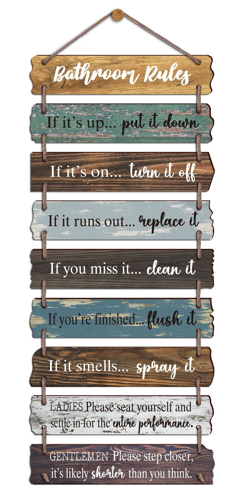EXQUIDECA Collage Bathroom Rules Wall Hanging Sign with Jute 9pcs Wooden Decor Wall Art Plaque for Toilet Restroom 30x112 Inches - Image 2