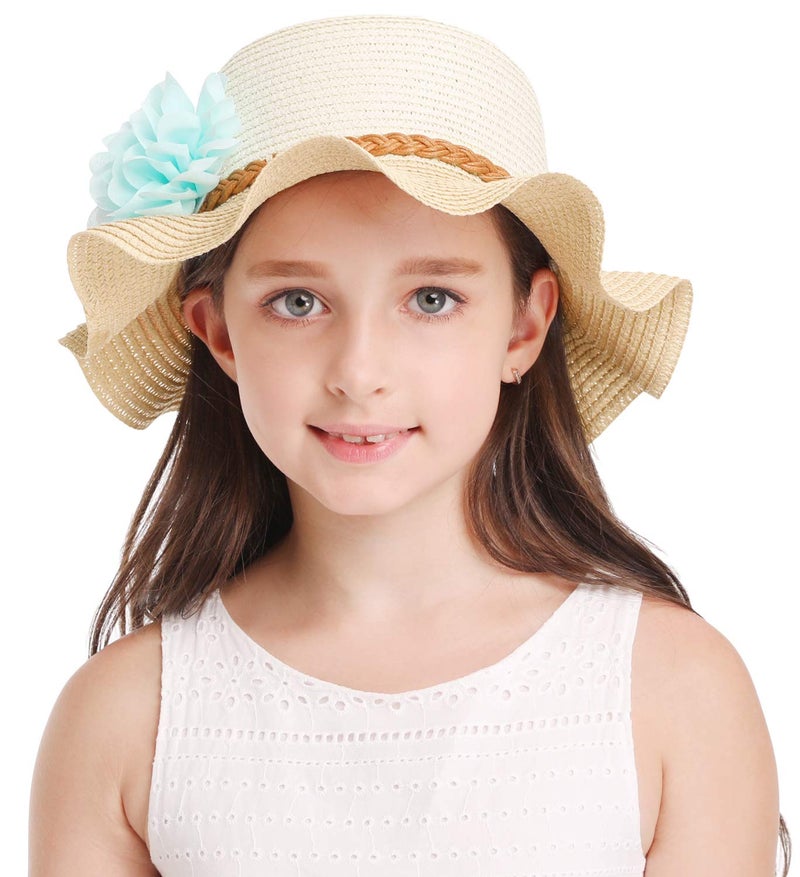 Bienvenu Little Girls Straw Floral Wide Large Brim Beach Sun Hat Cap,Flower Beige - Image 4