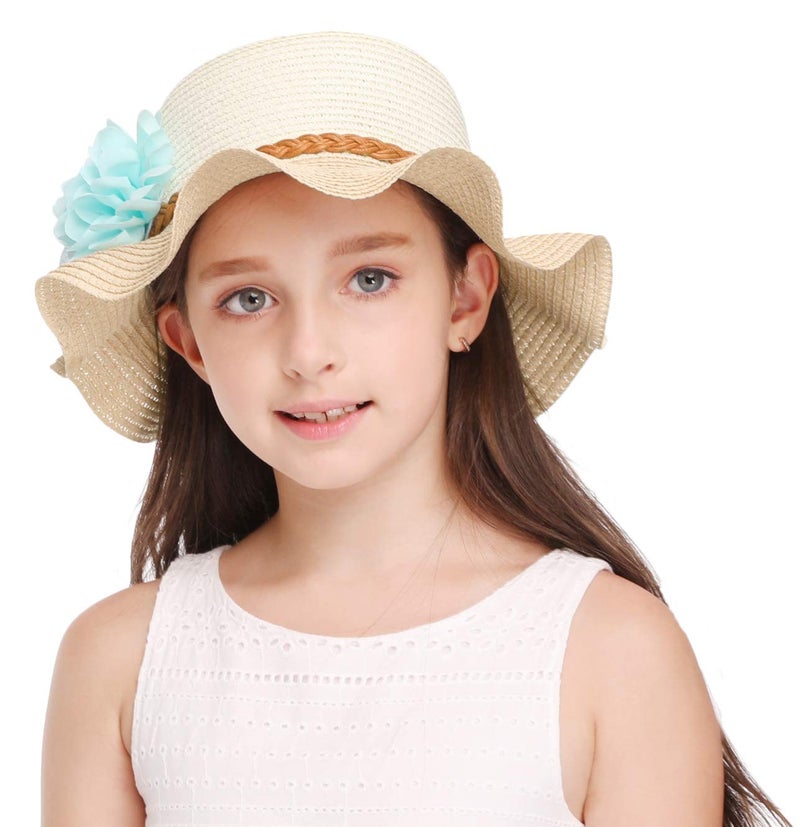 Bienvenu Little Girls Straw Floral Wide Large Brim Beach Sun Hat Cap,Flower Beige - Image 2