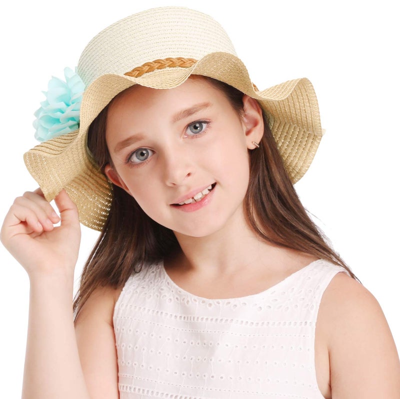 Bienvenu Little Girls Straw Floral Wide Large Brim Beach Sun Hat Cap,Flower Beige - Image 3