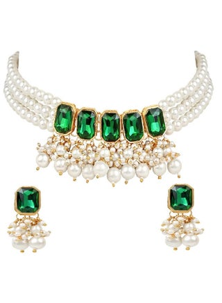 I Jewels 18K Gold Plated Traditional Green Stone Studded Multi Layered White Pearl Choker Necklace Jewellery Set with Earrings for Women And Girls (IJ355G) - pzsku/ZC28489363CB069495097Z/45/_/1737721394/ef0520b9-2a1f-480e-b270-19447454770b