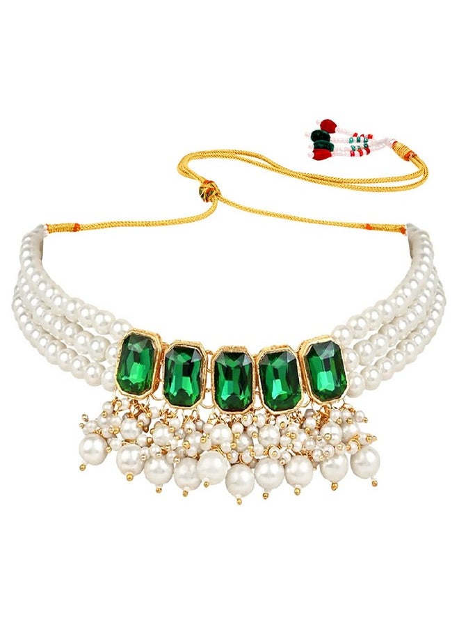 I Jewels I Jewels 18K Gold Plated Traditional Green Stone Studded Multi Layered White Pearl Choker Necklace Jewellery Set with Earrings for Women And Girls (IJ355G)  - Image 5