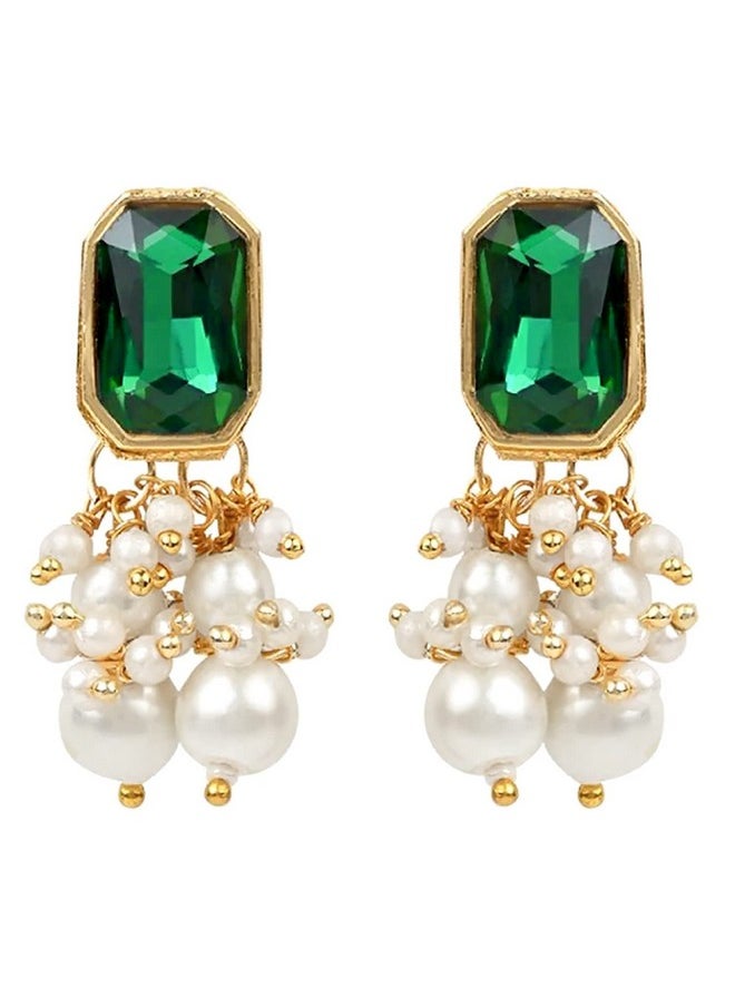I Jewels I Jewels 18K Gold Plated Traditional Green Stone Studded Multi Layered White Pearl Choker Necklace Jewellery Set with Earrings for Women And Girls (IJ355G)  - Image 4