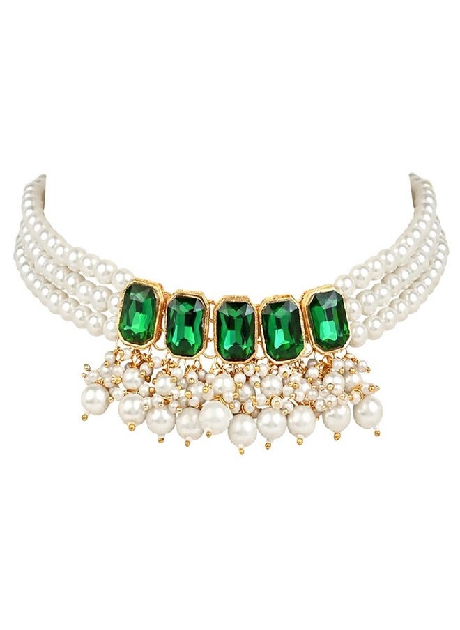 I Jewels I Jewels 18K Gold Plated Traditional Green Stone Studded Multi Layered White Pearl Choker Necklace Jewellery Set with Earrings for Women And Girls (IJ355G)  - Image 3