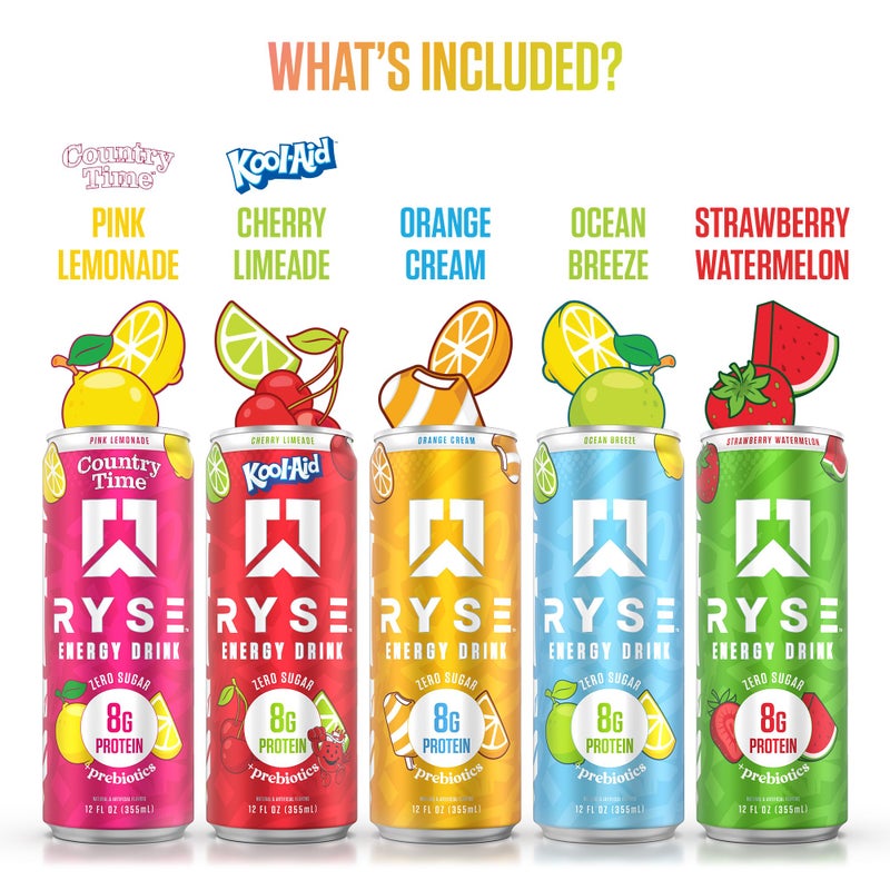 RYSE Up Supplements RYSE Functional Energy Drink - 5 Flavors Variety Pack - 150mg Natural Caffeine, 8g Whey Protein & 1g Prebiotics - Sugar Free, Gut-Friendly, Bloat-Free - 12 fl oz Cans (12-Pack) - Image 2