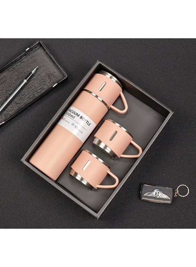 Kitchen Bloom Stainless Steel Vacuum Insulated Bottle Water Flask Gift Set With Two Cups Hot & Cold | Diwali Gifts For Employees | Corporate Gift Items | Vacuum Flast Set With 2 Mugs (Pink), 500 Ml - Image 1