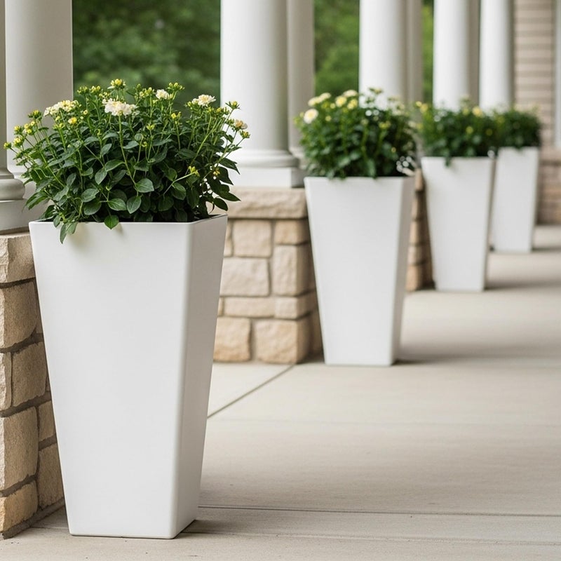 WORTH Garden Large 28 in.Tall Planters Set of 2 for Indoor and Outdoor, Heavy Duty Plastic White Modern Taper Flower Plant Pots with Drainage Hole and Dual-Purpose Tray for Front Porch, Patio - Image 2