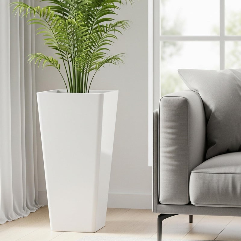 WORTH Garden Large 28 in.Tall Planters Set of 2 for Indoor and Outdoor, Heavy Duty Plastic White Modern Taper Flower Plant Pots with Drainage Hole and Dual-Purpose Tray for Front Porch, Patio - Image 3