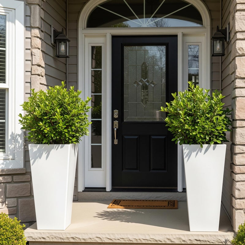 WORTH Garden Large 28 in.Tall Planters Set of 2 for Indoor and Outdoor, Heavy Duty Plastic White Modern Taper Flower Plant Pots with Drainage Hole and Dual-Purpose Tray for Front Porch, Patio - Image 1