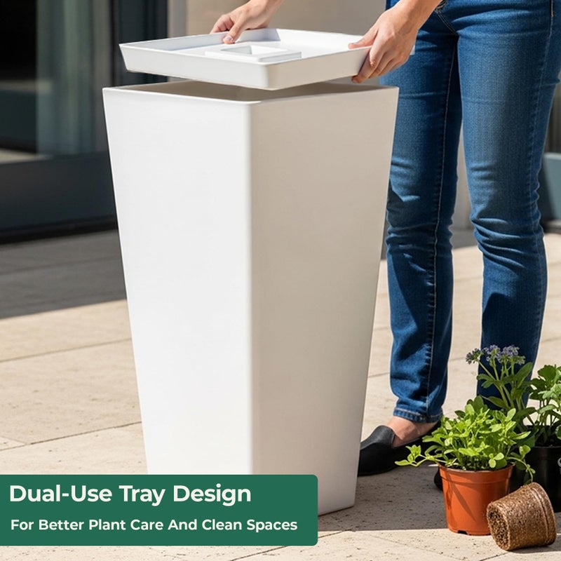 WORTH Garden Large 28 in.Tall Planters Set of 2 for Indoor and Outdoor, Heavy Duty Plastic White Modern Taper Flower Plant Pots with Drainage Hole and Dual-Purpose Tray for Front Porch, Patio - Image 4