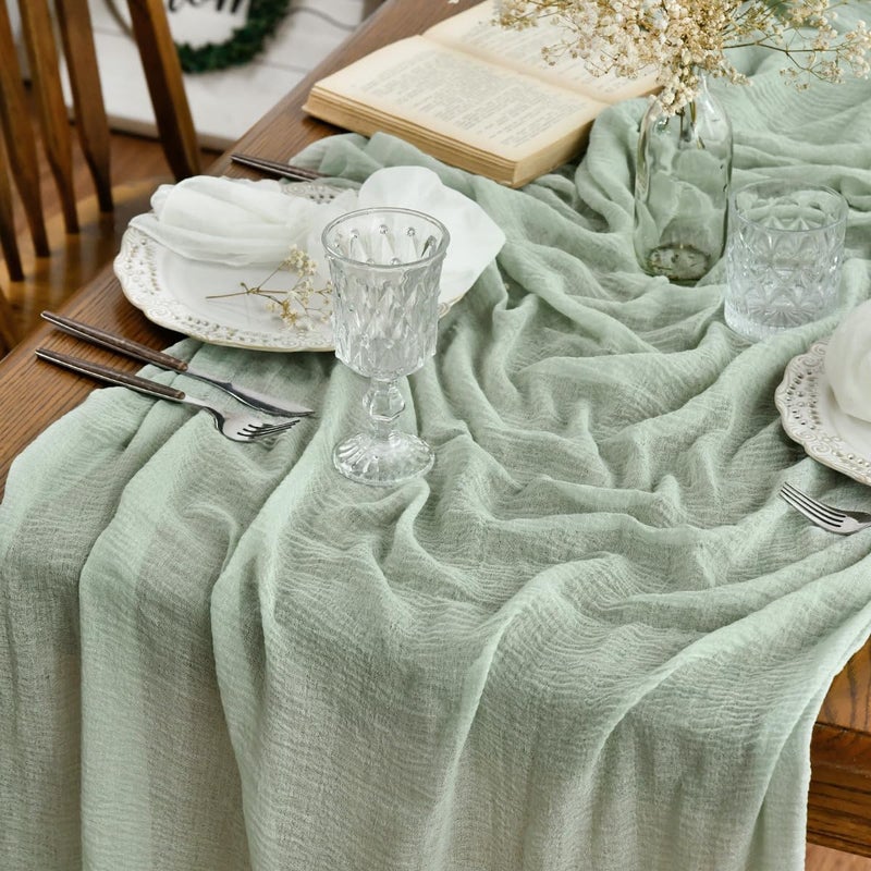 Artoid Mode Boho Sage Green Gauze Wedding Cheesecloth Table Runner, 30x120 Inch Seasonal Fabric Kitchen Dining Holiday Table Decor for Home Party - Image 1