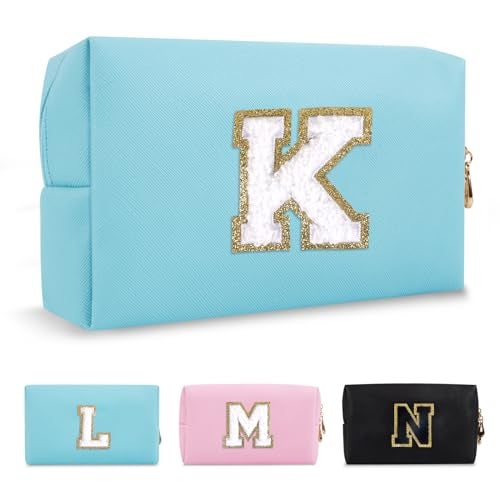 ChaoGreat Small Personalized Initial A-Z Preppy Patch Makeup Bag,PU Chenille Letter Travel Cosmetic Pouch with Zipper,Blue Cute Toiletry Bag,Gift Ideal for Teen Girls Women Teacher Bridesmaid,Letter K - Image 1
