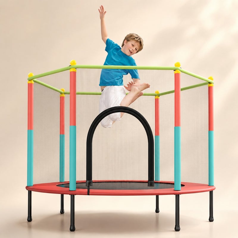 Indoor and outdoor toddler trampoline with safety enclosure net, powder-coated steel frame, blue and gray color, foldable design for easy storage and portability - Image 1