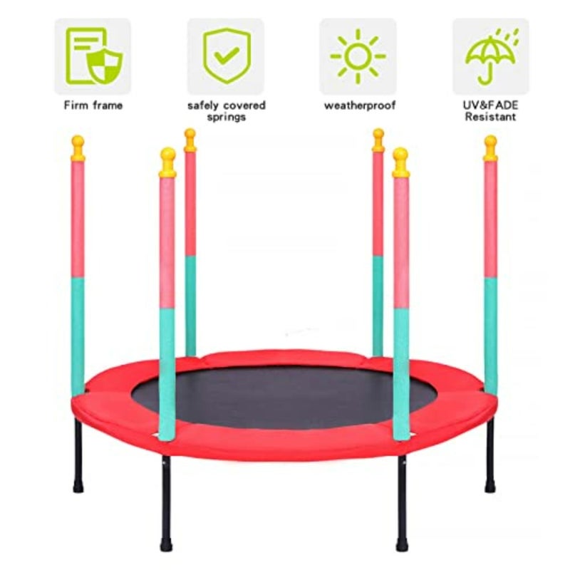 Indoor and outdoor toddler trampoline with safety enclosure net, powder-coated steel frame, blue and gray color, foldable design for easy storage and portability - Image 4