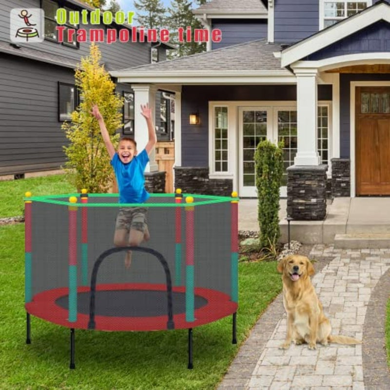 Indoor and outdoor toddler trampoline with safety enclosure net, powder-coated steel frame, blue and gray color, foldable design for easy storage and portability - Image 5
