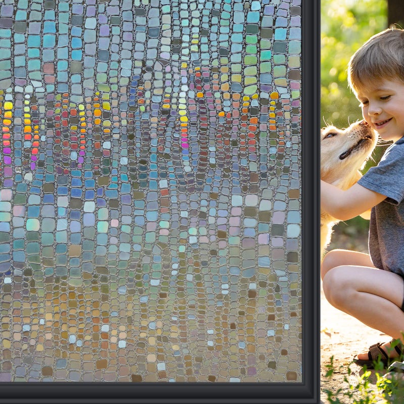 Windimiley Window Privacy Film 3D Rainbow Stained Glass Static Clings Bathroom Decorative Sticker Prism Holographic Window Decals Sun Blocking NonAdhesive Door Covering 354x1575inBrown