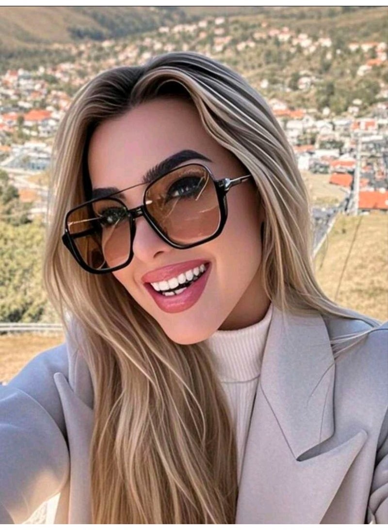 SHEIN Sunglasses New Retro Minimalist Metal Double-Beam Large Frame Square Fashion Glasses, Fashion - Image 2