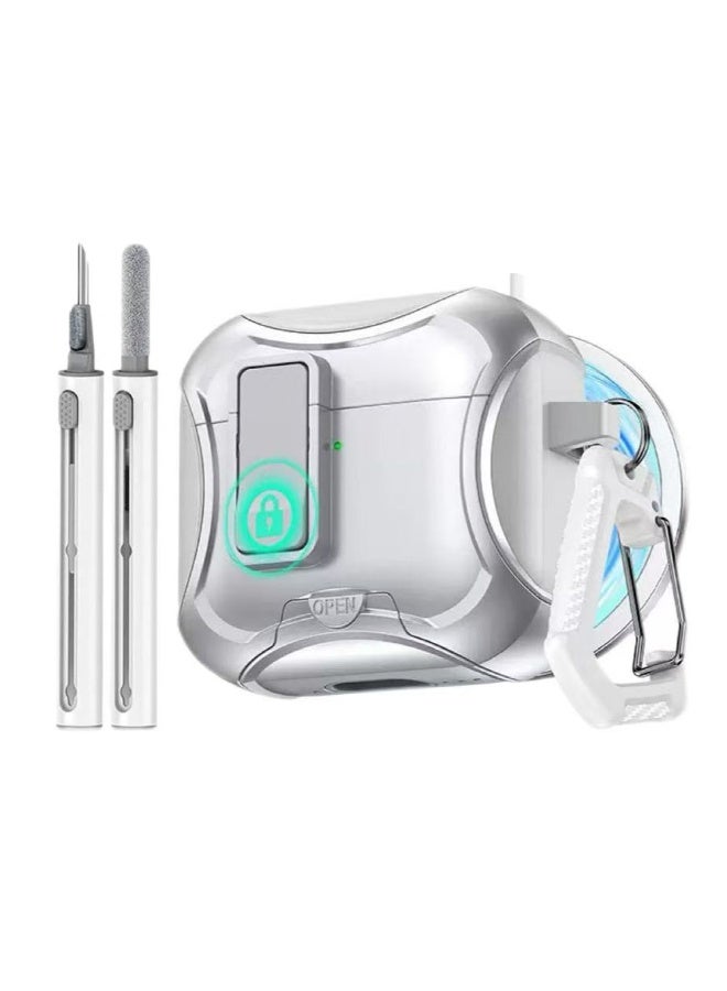 لـ AirPods Pro 3، يأتي مع مجموعة تنظيف وإبزيم معدني، يتميز بتصميم قاعدة مغناطيسية ووظيفة قفل مقاومة للسقوط. يدعم غطاء AirPods Pro 3 الشحن اللاسلكي من خلال الغطاء. فضي. - Image 1