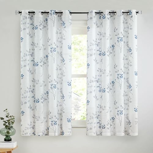 Beauoop Floral linen Semi Sheer Curtains 54 Inch Length 2 Panels for Living Room Bedroom Blue Grey Farmhouse Flower Patterned Light Filtering Textured Grommet Top Window Treatments Drapes 50x54 2 Set
