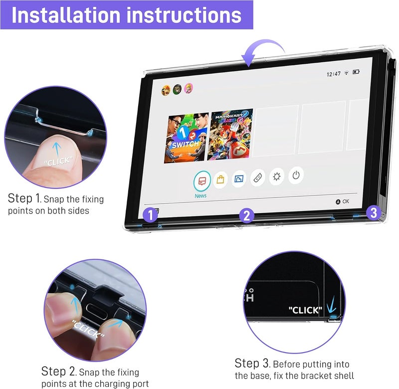 حافظة شفافة على شكل فطر من RHOTALL متوافقة مع جهاز Nintendo Switch OLED، تتميز بتصميم أنيق وشفاف، وتوفر متانة عالية لوحدة التحكم والجهاز نفسه. تحمي الحافظة الجهاز من الاصطدامات العرضية أو الخدوش الناتجة عن الاستخدام اليومي، كما أنها سهلة التنظيف ومقاومة للماء، مما يحافظ على نظافتها ويمنع تراكم الغبار والبقع. تتميز أيضًا بمقبض مريح يوفر إحساسًا أفضل أثناء الاستخدام. - Image 2