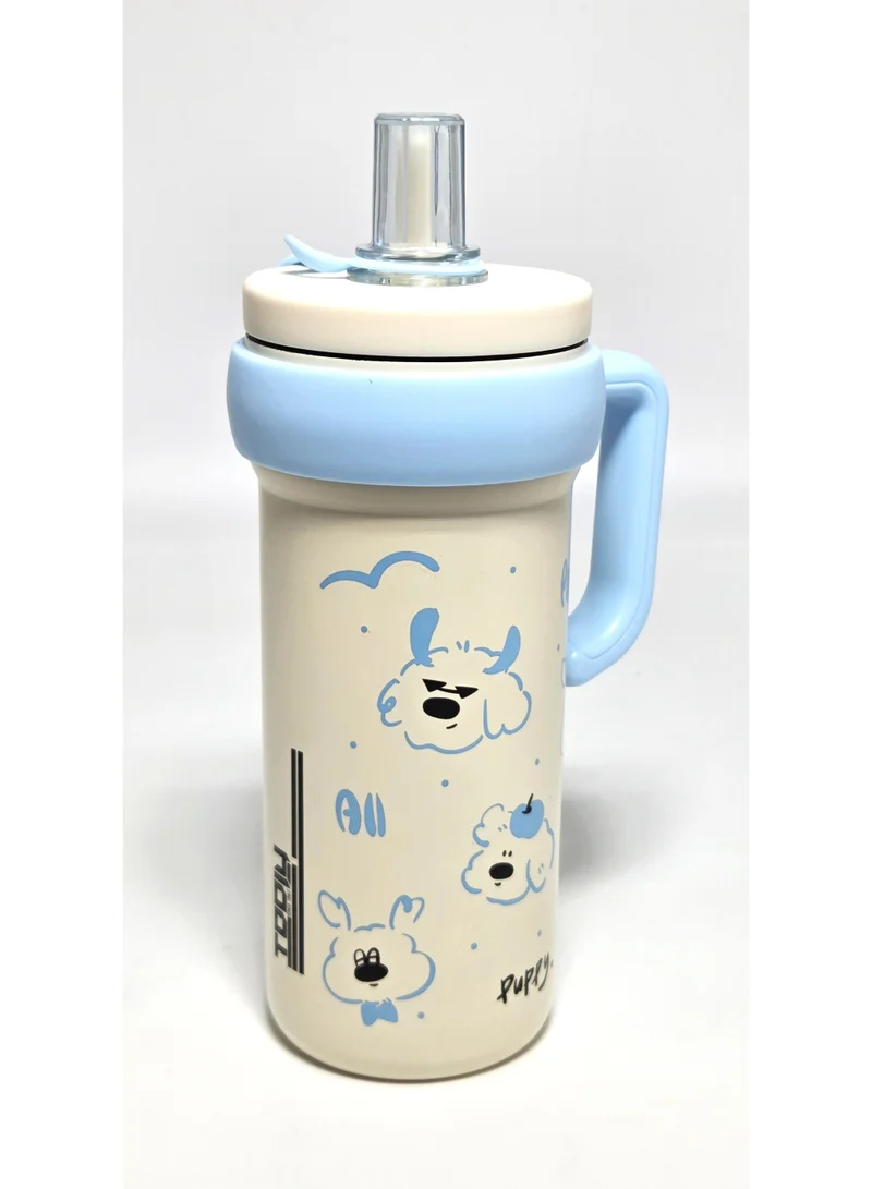 Tooly 600ml Double Wall Stainless Steel Vacuum Insulated Travel Flask Mug with Side Handle & Drinking Spout – Cute Puppy Graphic, Hot (12h) & Cold (24h) Water Bottle, BPA Free (Cream & Light Blue)