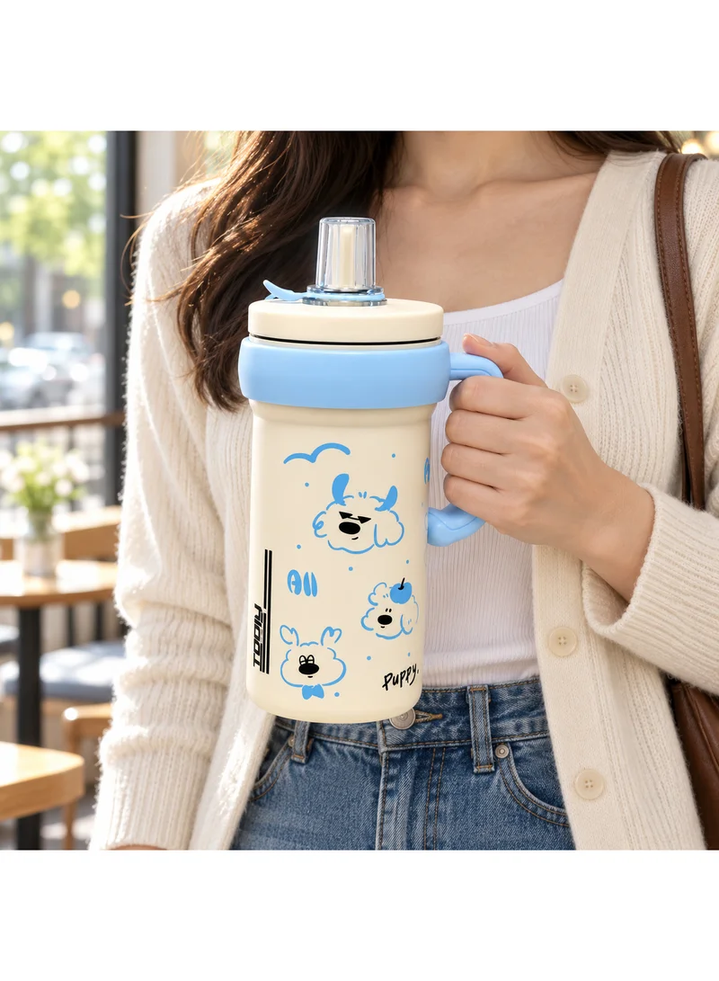 Tooly 600ml Double Wall Stainless Steel Vacuum Insulated Travel Flask Mug with Side Handle & Drinking Spout – Cute Puppy Graphic, Hot (12h) & Cold (24h) Water Bottle, BPA Free (Cream & Light Blue)